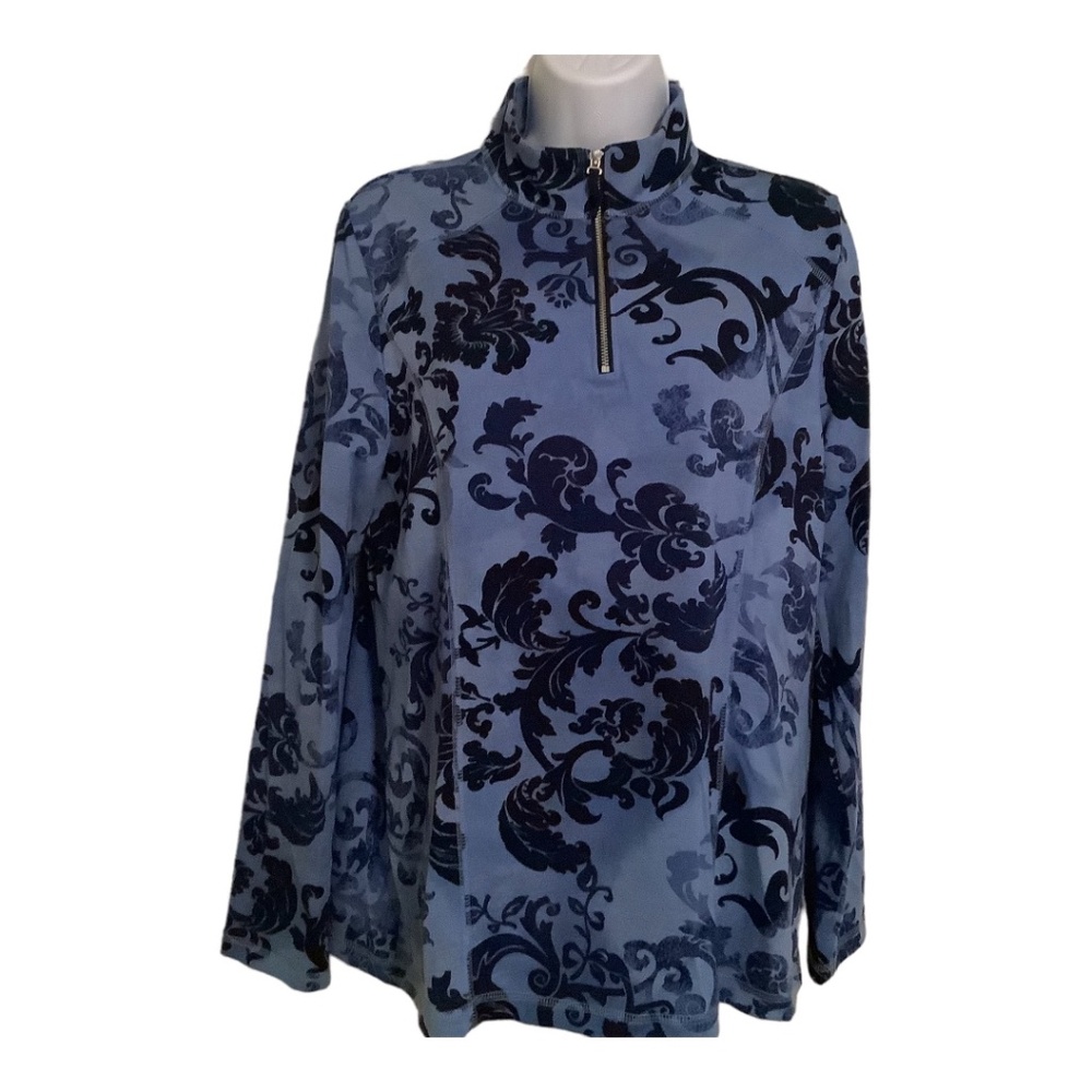 Chico’s Blue on Blue Scroll Zip Neck Pullover sz 1 (US 8-10)